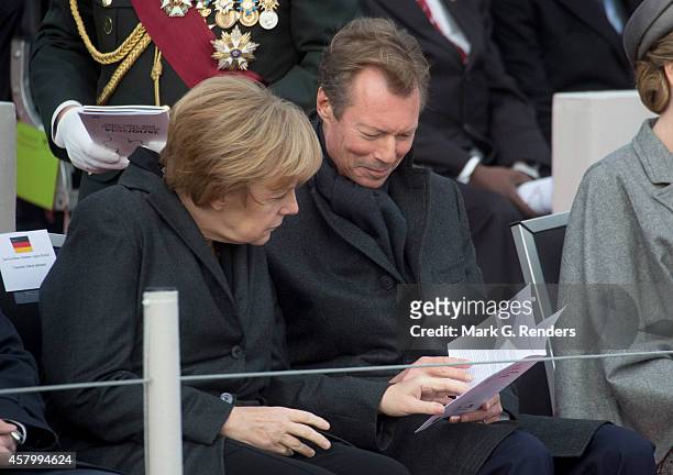 German Chancellor Angela Merkel and Grand Duke Henri of Luxembourg attend the Commemoration of the 100th anniversary of WWI on October 28, 2014 in...