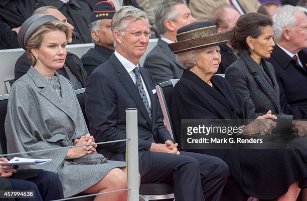Queen Mathilde, King Philippe of Belgium and Princess Beatrix of The Netherlands attend the Commemoration of the 100th anniversary of WWI on October...