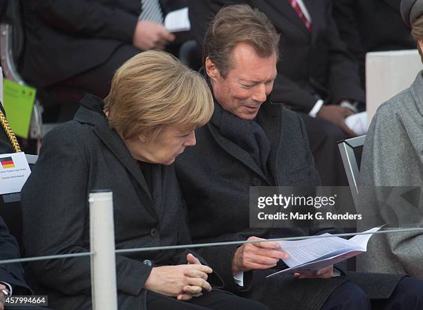 German Chancellor Angela Merkel and Grand Duke Henri of Luxembourg attend the Commemoration of the 100th anniversary of WWI on October 28, 2014 in...