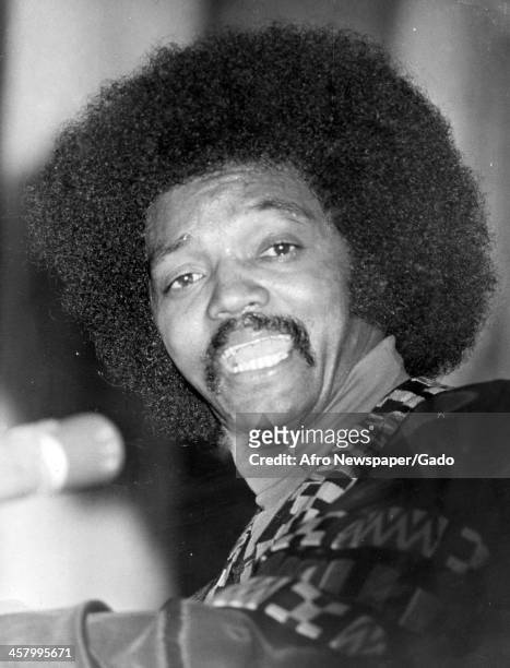 Jesse Jackson Sr speaks in Baltimore, Maryland wearing a large Afro haircut and African themed clothing, Baltimore, Maryland, May 5, 1974.