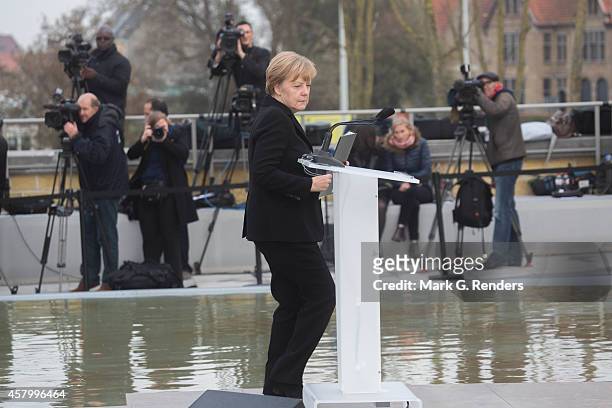 German Chancellor Angela Merkel attends the commemoration of the 100th anniverary of WWI on October 28, 2014 in Nieuwpoort, Belgium.