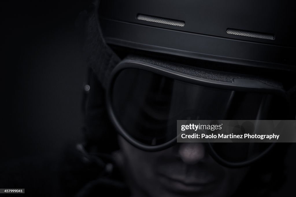 Special forces agent with black helmet and goggles