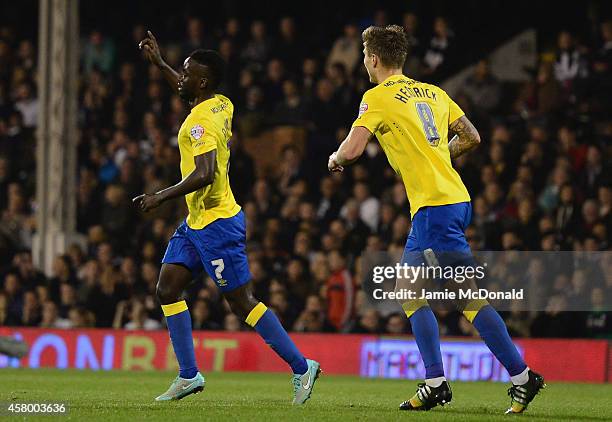 Simon Dawkins of Derby County celebrates his goal during the Capital One Cup fourth round match between Fulham Derby County at Craven Cottage on...