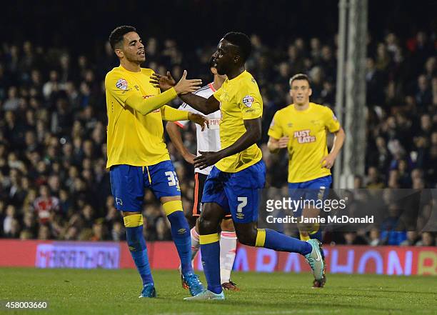 Simon Dawkins of Derby County celebrates his goal during the Capital One Cup fourth round match between Fulham Derby County at Craven Cottage on...