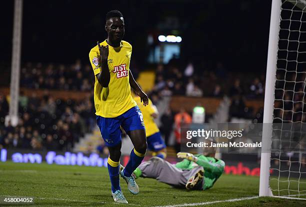 Simon Dawkins of Derby County celebrates his goal during the Capital One Cup fourth round match between Fulham Derby County at Craven Cottage on...