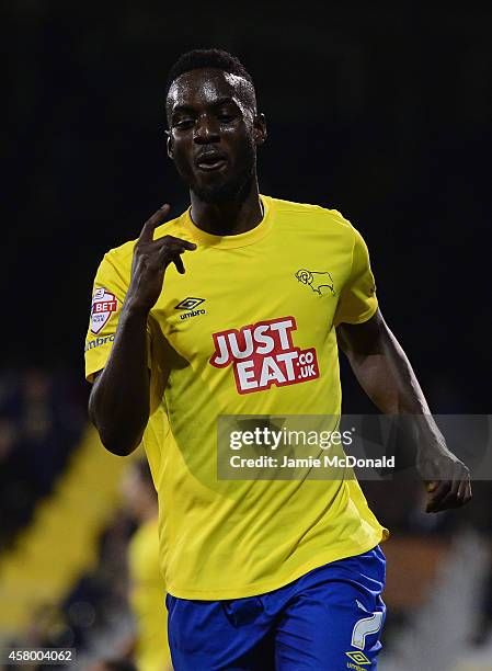 Simon Dawkins of Derby County celebrates his goal during the Capital One Cup fourth round match between Fulham Derby County at Craven Cottage on...