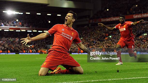 Dejan Lovren of Liverpool celebrates his winning goal during the Capital One Cup Fourth Round match between Liverpool and Swansea City at Anfield on...