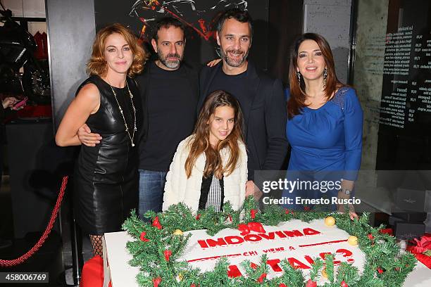 Claudia Gerini, Fausto Brizzi, Rosa Enginoli, Raul Bova and Rosalia Porcaro attend the 'Indovina Chi Viene A Natale' party at Ducati Caffe on...