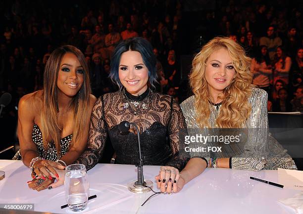 Judges Kelly Rowland, Demi Lovato and Paulina Rubio on FOX's "The X Factor" Season 3 Live Finale on December 19, 2013 in Hollywood, California.