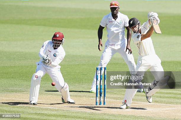 Kane Williamson of New Zealand cuts the ball away during day two of the Third Test match between New Zealand and the West Indies at Seddon Park on...