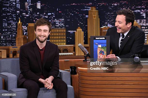 Episode 0150 -- Pictured: Actor Daniel Radcliffe during an interview with host Jimmy Fallon on October 28, 2014 --