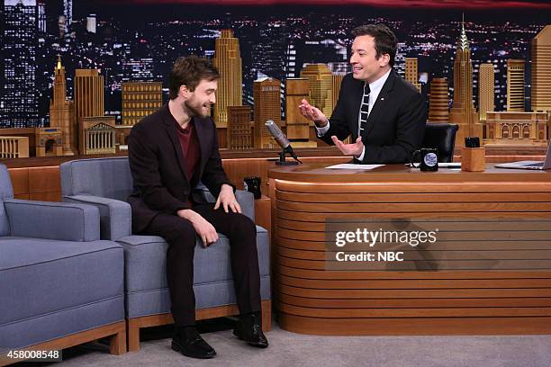 Episode 0150 -- Pictured: Actor Daniel Radcliffe during an interview with host Jimmy Fallon on October 28, 2014 --