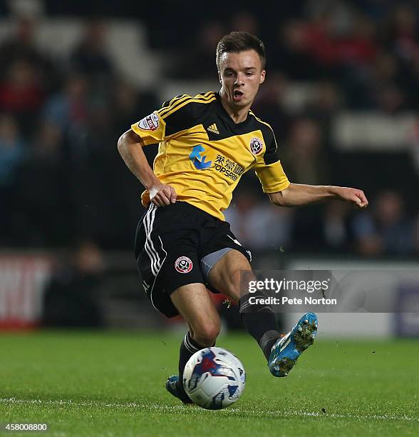 Stefan Scougall of Sheffield United in action during the Capital One Cup Fourth Round match between MK Dons and Sheffield United at Stadium mk on...