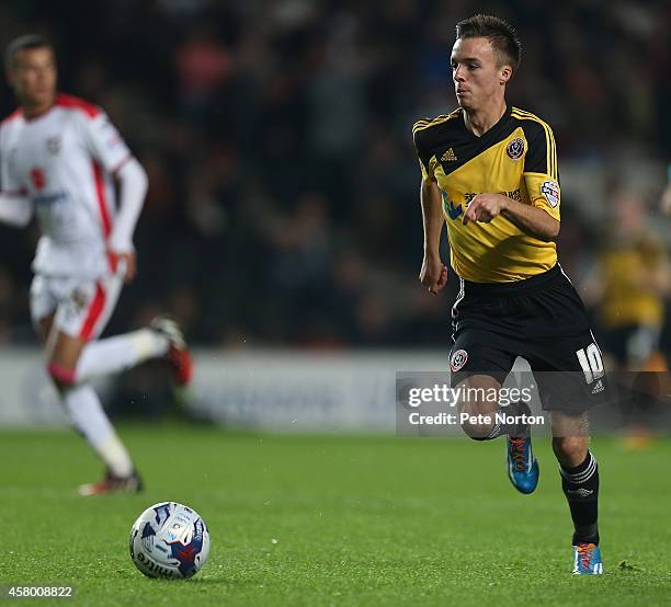 Stefan Scougall of Sheffield United in action during the Capital One Cup Fourth Round match between MK Dons and Sheffield United at Stadium mk on...