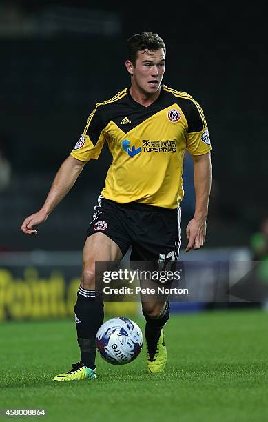 Harrison McGahey of Sheffield United in action during the Capital One Cup Fourth Round match between MK Dons and Sheffield United at Stadium mk on...