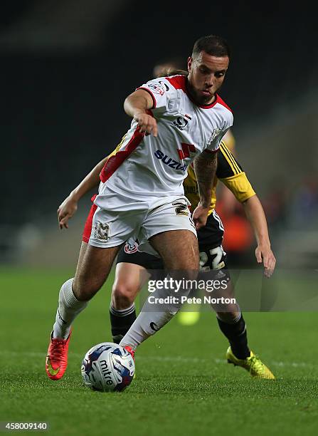 Samir Carruthers of MK Dons in action during the Capital One Cup Fourth Round match between MK Dons and Sheffield United at Stadium mk on October 28,...