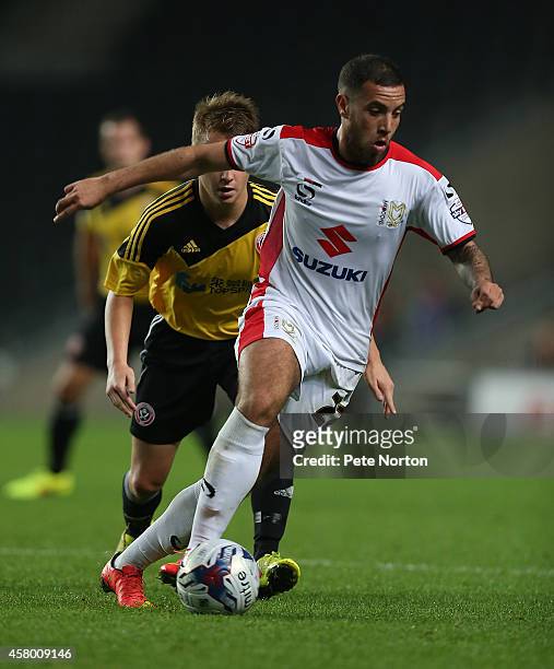 Samir Carruthers of MK Dons in action during the Capital One Cup Fourth Round match between MK Dons and Sheffield United at Stadium mk on October 28,...