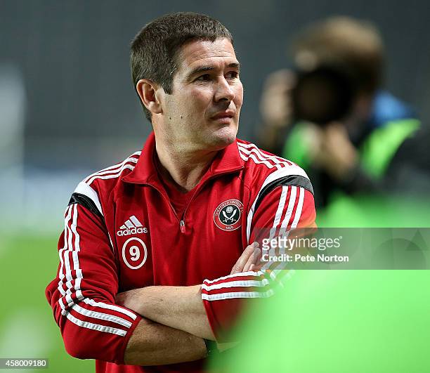Sheffield United manager Nigel Clough looks on prior to the Capital One Cup Fourth Round match between MK Dons and Sheffield United at Stadium mk on...