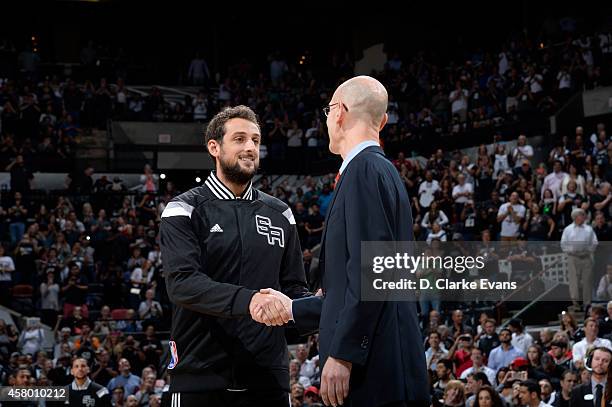 Marco Belinelli the San Antonio Spurs receives his Championship Ring prior to the game against the Dallas Mavericks at the AT&T Center on October 28,...