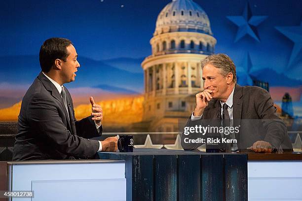 Congressman Joaquin Castro and host Jon Stewart at "The Daily Show with Jon Stewart" covers the Midterm elections in Austin with "Democalypse 2014:...