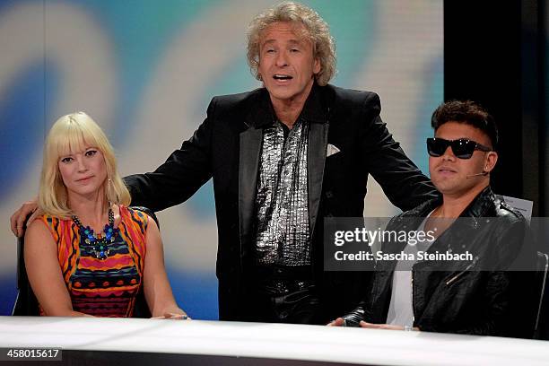 Mieze Katz, Thomas Gottschalk and Prince Kay One look on during the taping of the anniversary show '30 Jahre RTL - Die grosse Jubilaeumsshow mit...