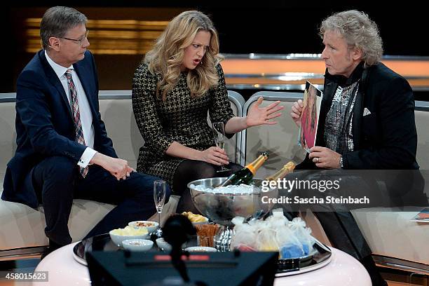 Presenters Guenther Jauch, Barbara Schoeneberger and Thomas Gottschalk attend the taping of the anniversary show '30 Jahre RTL - Die grosse...