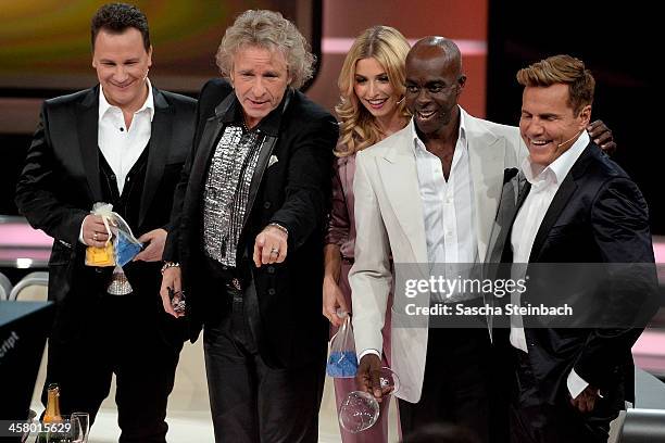 Guido Maria Kretschmer, presenter Thomas Gottschalk, Lena Gercke, Bruce Darnell and Dieter Bohlen look on during the taping of the anniversary show...