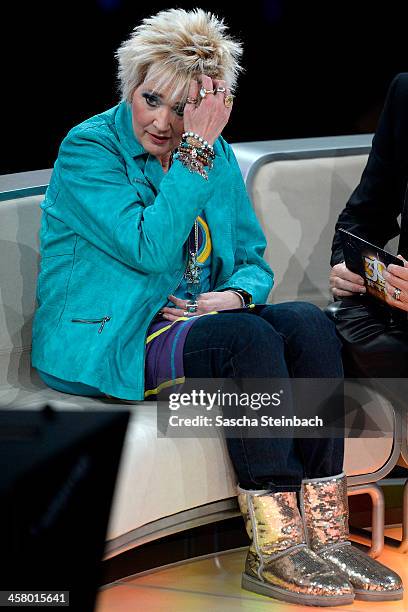 Comedienne Gaby Koester looks on during the taping of the anniversary show '30 Jahre RTL - Die grosse Jubilaeumsshow mit Thomas Gottschalk' on...