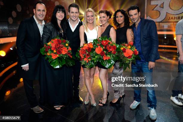 Former DSDS participants pose after the taping of the anniversary show '30 Jahre RTL - Die grosse Jubilaeumsshow mit Thomas Gottschalk' on December...