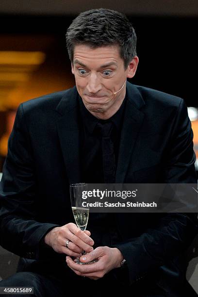 Presenter Steffen Hallaschka reacts during the taping of the anniversary show '30 Jahre RTL - Die grosse Jubilaeumsshow mit Thomas Gottschalk' on...