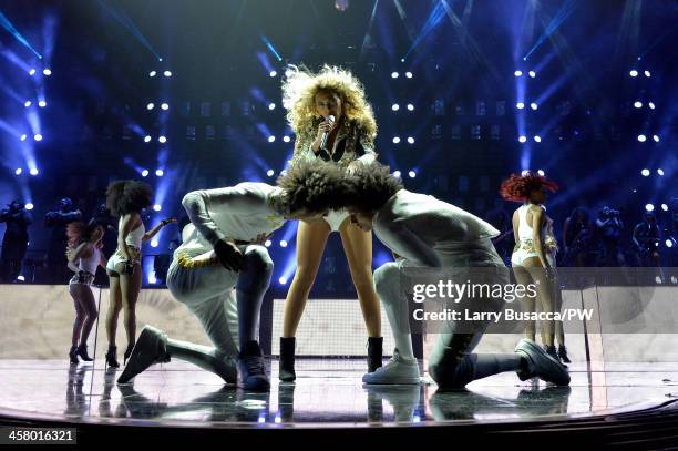 Entertainer Beyonce performs on stage during "The Mrs. Carter Show World Tour" at the Barclays Center on December 19, 2013 in New York, New York.