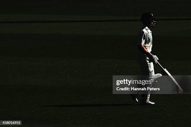 Kane Williamson of New Zealand walks off after being dismissed during day two of the Third Test match between New Zealand and the West Indies at...