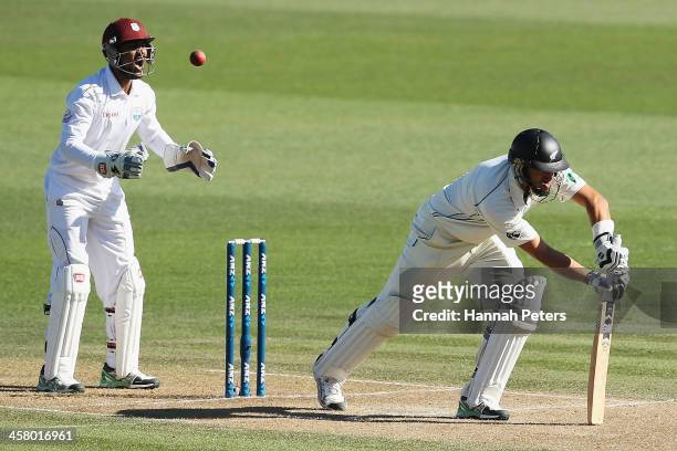 Ross Taylor of New Zealand misses the ball during day two of the Third Test match between New Zealand and the West Indies at Seddon Park on December...