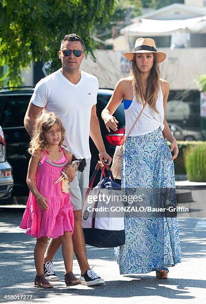 Jessica Alba and family, husband Cash Warren and daughter Honor, shopping at Bristol Farms market on September 02, 2013 in Los Angeles, California.