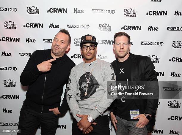 Elliott Wilson, T.I. And Jesse Kirshbaum attend Elliott Wilson Hosts CRWN With T.I. For WatchLOUD.com Presented By Footaction at Gramercy Theatre on...