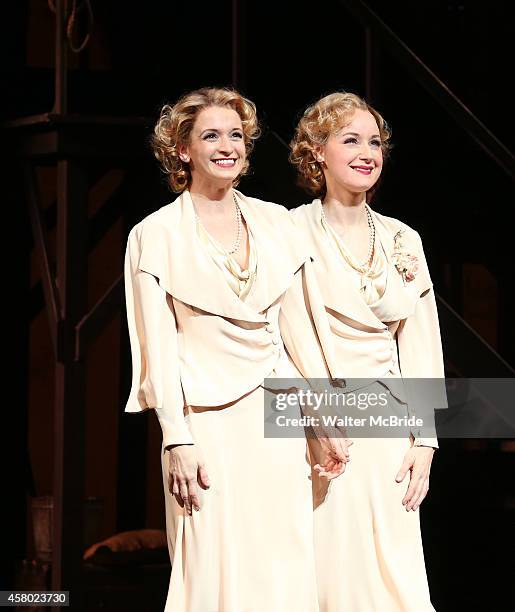 Emily Padgett and Erin Davie during the first Broadway preview Curtain Call for 'Side Show' at the St. James Theatre on October 28, 2014 in New York...