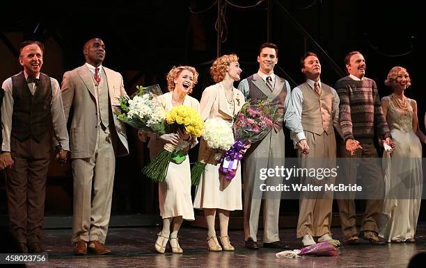 Robert Joy, David St. Louis, Emily Padgett, Erin Davie, Ryan Silverman and Matthew Hydzik with the cast during the first Broadway preview Curtain...