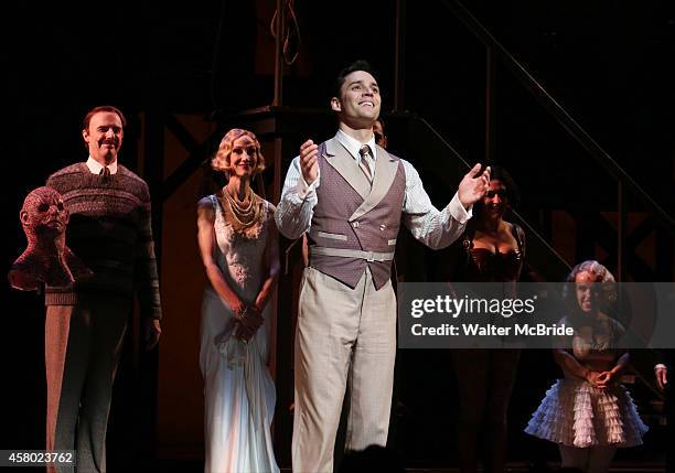 Ryan Silverman with the cast during the first Broadway preview Curtain Call for 'Side Show' at the St. James Theatre on October 28, 2014 in New York...