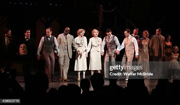 Robert Joy, David St. Louis, Emily Padgett, Erin Davie, Ryan Silverman and Matthew Hydzik with the cast during the first Broadway preview Curtain...