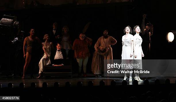 Emily Padgett and Erin Davi with the cast during the first Broadway preview Curtain Call for 'Side Show' at the St. James Theatre on October 28, 2014...