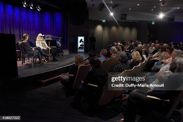 Executive director of the GRAMMY Museum Robert Santelli and Musician Leon Russell speak at An Evening With Leon Russell at The GRAMMY Museum on...