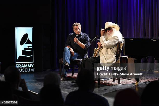 Executive director of the GRAMMY Museum Robert Santelli and Musician Leon Russell speak at An Evening With Leon Russell at The GRAMMY Museum on...