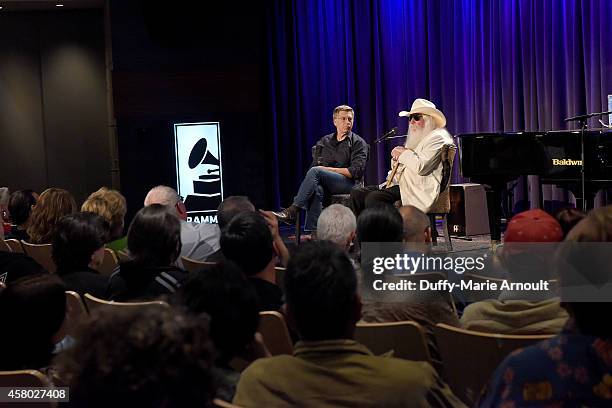 Executive director of the GRAMMY Museum Robert Santelli and Musician Leon Russell speak at An Evening With Leon Russell at The GRAMMY Museum on...