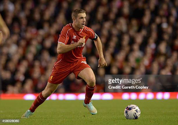 Jordan Henderson of Liverpool during the Capital One Cup Fourth Round match between Liverpool and Swansea City at Anfield on October 28, 2014 in...