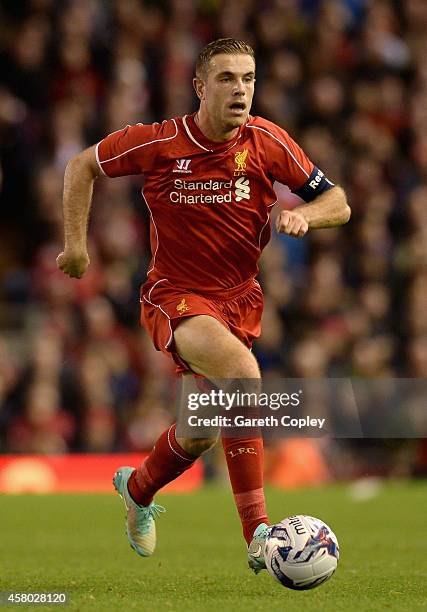 Jordan Henderson of Liverpool during the Capital One Cup Fourth Round match between Liverpool and Swansea City at Anfield on October 28, 2014 in...