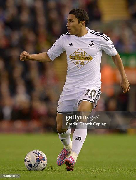 Jefferson Montero of Swansea during the Capital One Cup Fourth Round match between Liverpool and Swansea City at Anfield on October 28, 2014 in...