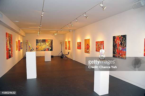 An overall atmosphere view of Aelita Andre Exhibit Opening Night at Gallery 151 on October 28, 2014 in New York City.