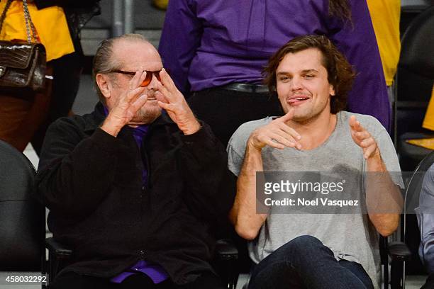 Jack Nicholson and his son Ray Nicholson attend a basketball game between the Houston Rockets and the Los Angeles Lakers at Staples Center on October...