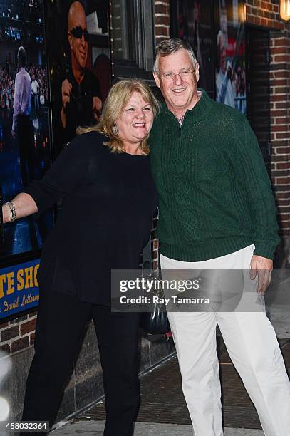 Andrea Swift and Scott Kingsley Swift enter the "Late Show With David Letterman" taping at the Ed Sullivan Theater on October 28, 2014 in New York...