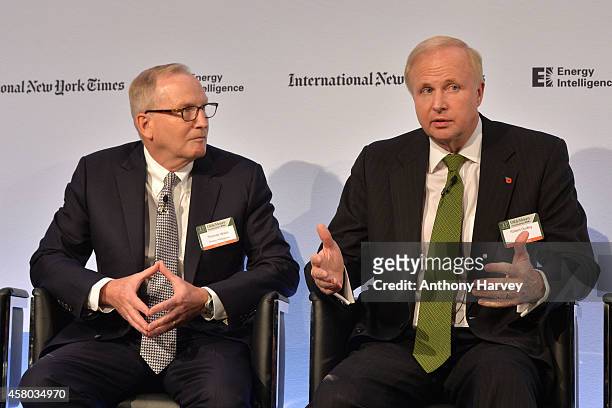 Thomas Wallin from Energy Intelligence and Bob Dudley BP Group Chief Executive, appear on stage on Day 1 at the International New York Times/Energy...